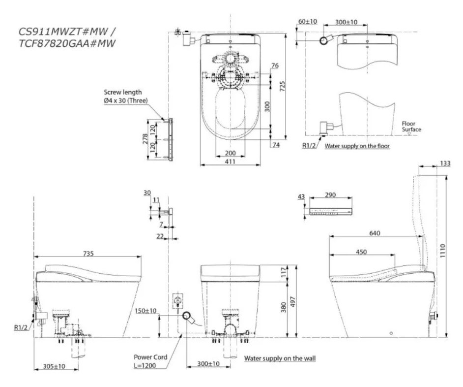 Bản vẽ bàn cầu thông minh CS911MWZT#MW+TCF87820GAA#MW+T53P100VR TOTO