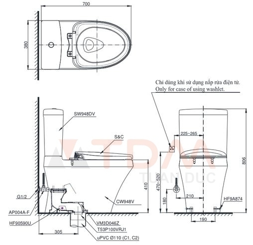 Bản vẽ kích thước bồn cầu C948C TOTO nắp điện tử TCF23410AAA