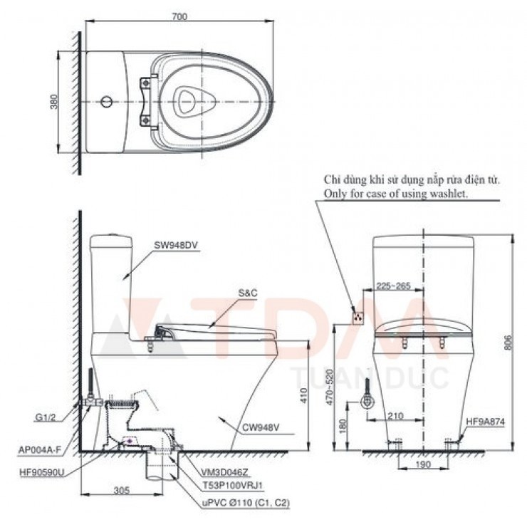 Thông số kỹ thuật bồn cầu CS 948DT10 TOTO