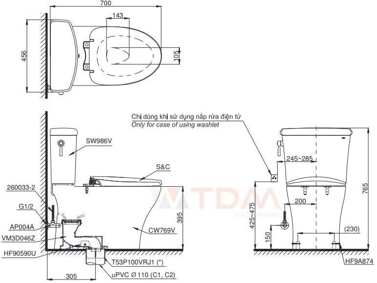 Bản vẽ bồn cầu TOTO CS986GW14