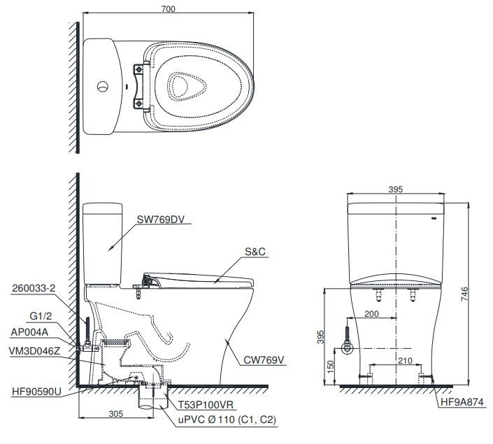 Bản vẽ kích thước bồn cầu TOTO CS769CDRW15