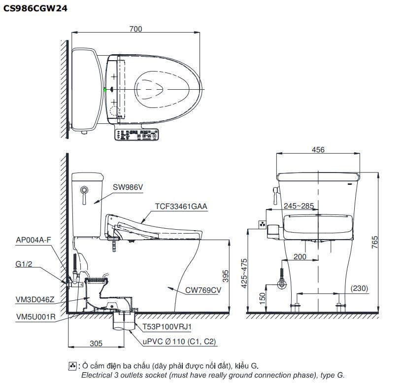 Bản vẽ kích thước bồn cầu CS986CGW24