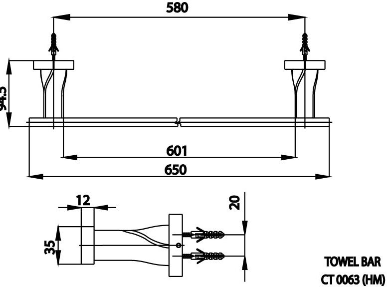 Bản vẽ kích thước thanh treo khăn Cotto ct 0063 blhm