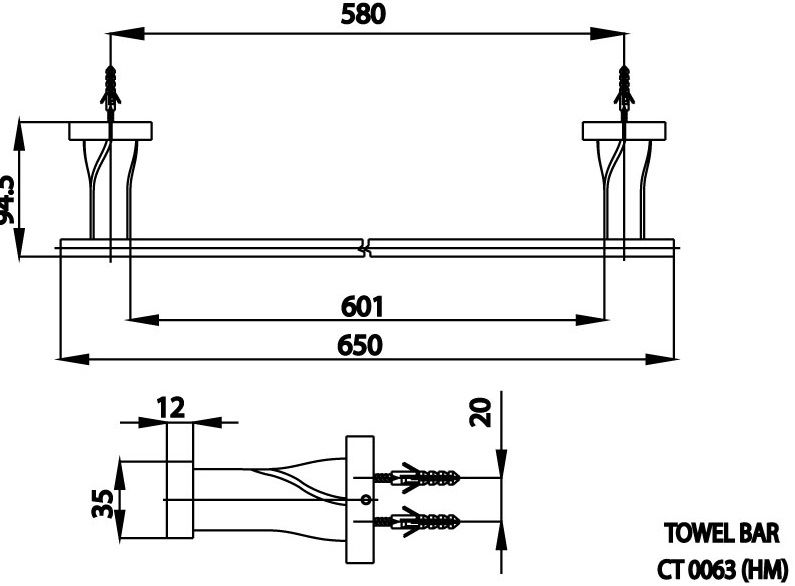 Bản vẽ kích thước thanh treo khăn Cotto ct 0063 grhm