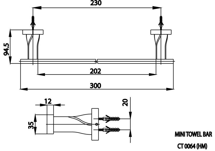Bản vẽ kích thước thanh treo khăn Cotto  CT 0064 BL HM