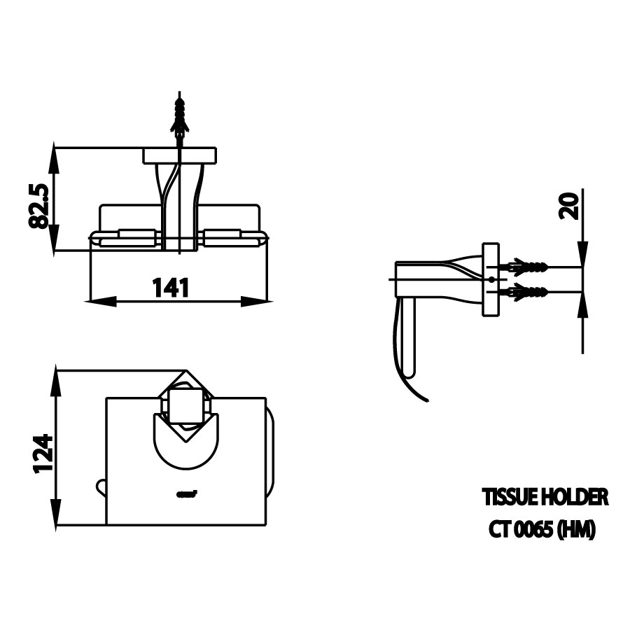 Bản vẽ kích thước móc giấy vệ sinh cotto  CT0065 WH HM màu trắng