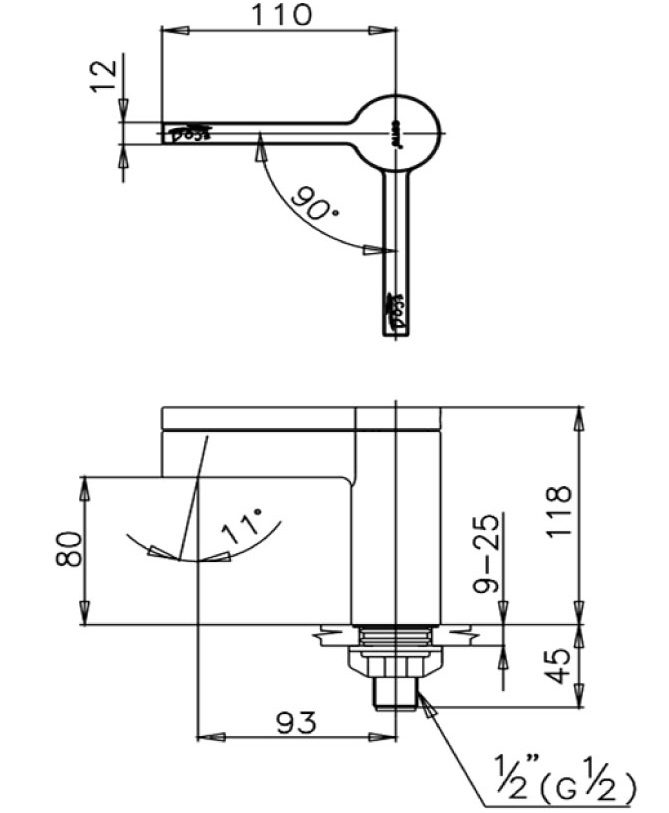 Bản vẽ kích thước Vòi lạnh Cotto CT 1052