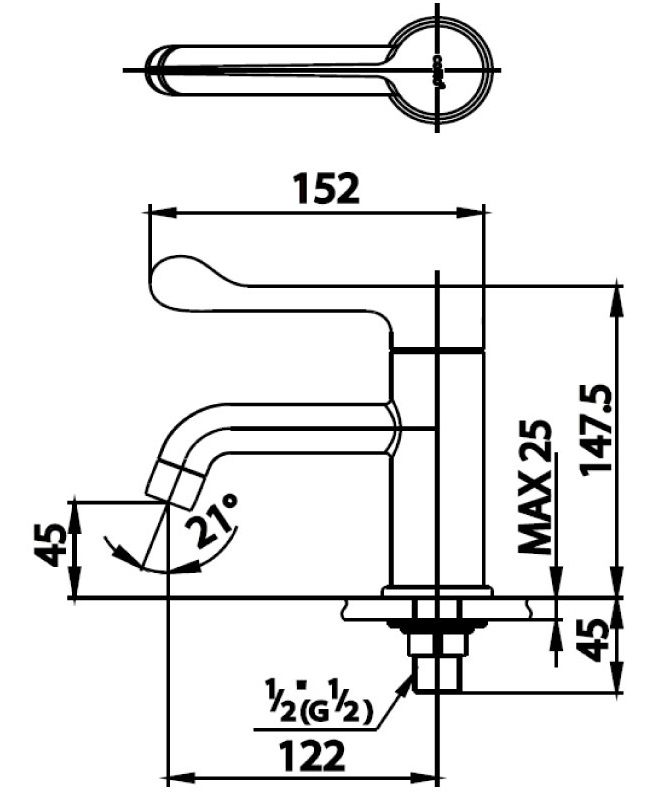 Bản vẽ kích thước vòi lạnh lavabo COTTO ct 1058 hm