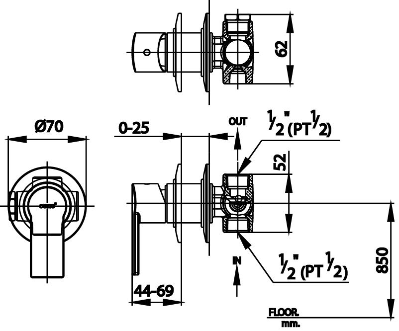 Bản vẽ kích thước van khóa âm tường Cotto CT1116A