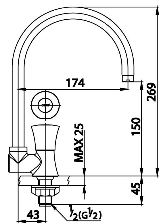 Bản vẽ kích thước vòi bếp lạnh gắn chậu Cotto ct 1094 c26 hm