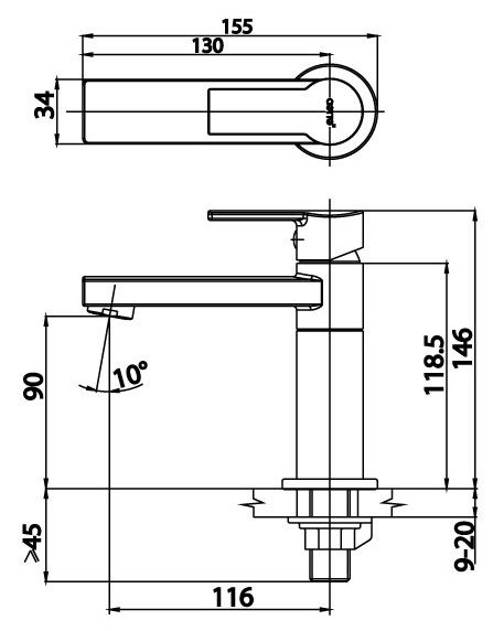 Bản vẽ kích thước vòi lavabo cotto lạnh ct 1113A2N bl hm