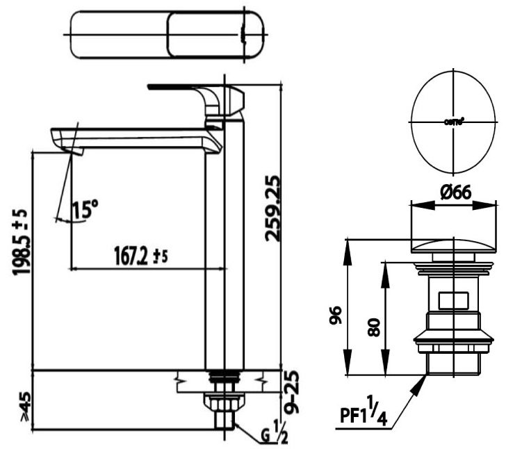 Bản vẽ kích thước vòi lạnh Cotto ct 1143 ay gr
