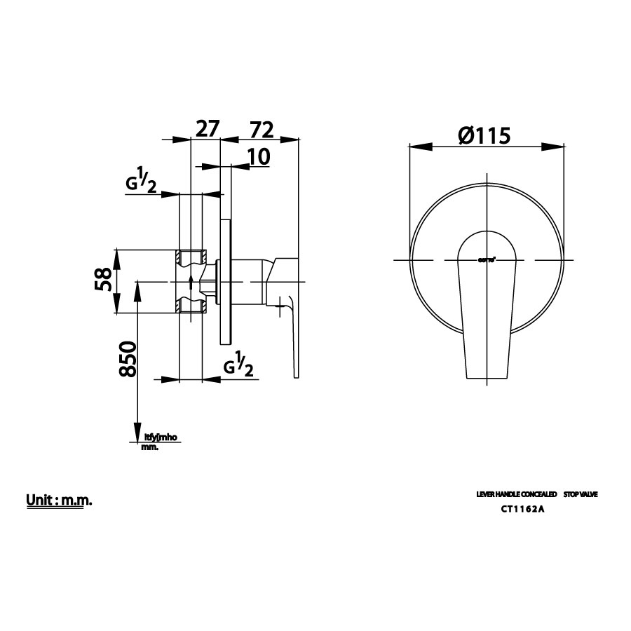 Bản vẽ van điều chỉnh âm tường CT 1162A Cotto nóng lạnh