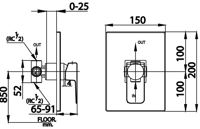 Bản vẽ kích thước van điều chỉnh âm tường ct 1174a  Cotto lạnh