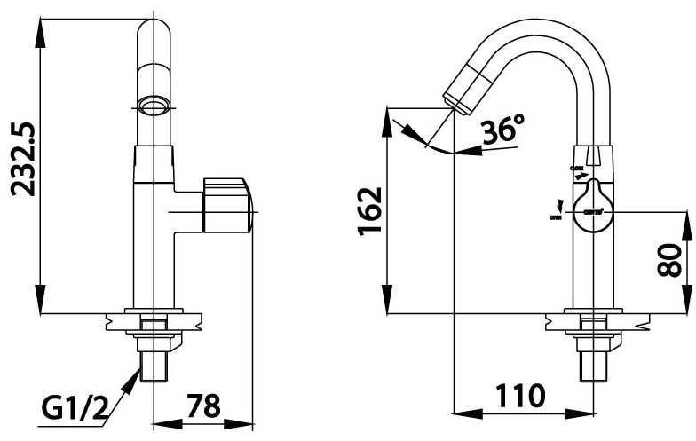 Bản vẽ kích thước vòi lạnh lavabo COTTO ct 1211 led