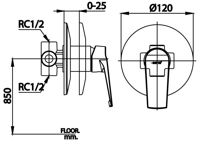 Bản vẽ van điều chỉnh âm tường ct 1217 a Cotto nóng lạnh 