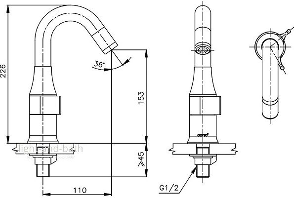 Bản vẽ kích thước vòi lạnh lavabo COTTO  CT 1218 LED