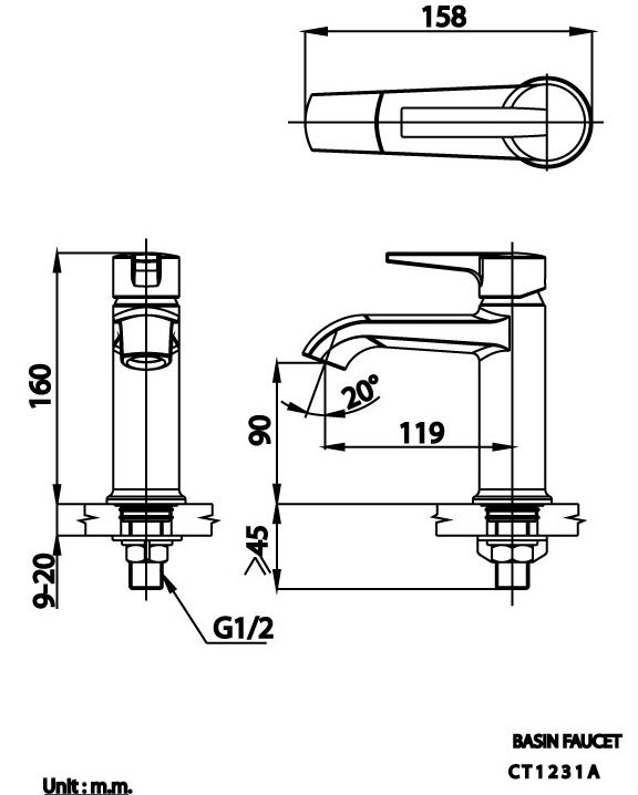 Bản vẽ kích thước vòi lạnh Cotto CT 1231 A