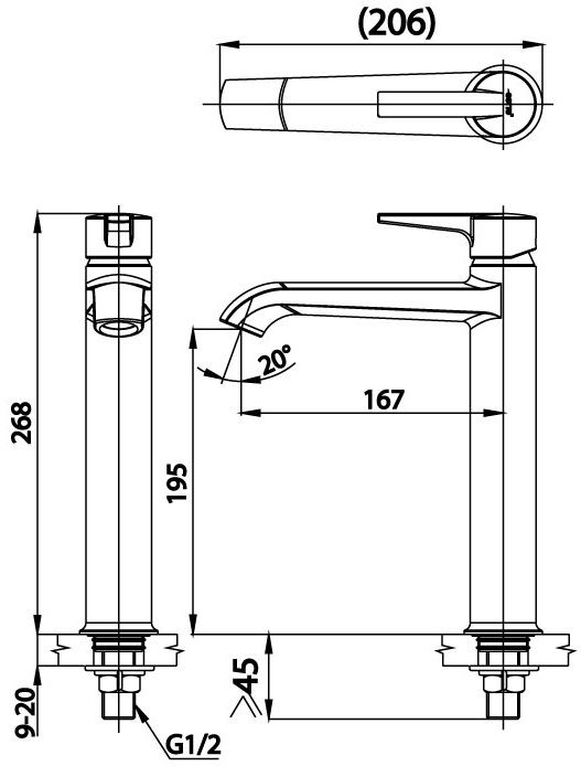 Bản vẽ kích thước vòi lạnh Cotto ct 1232 ay