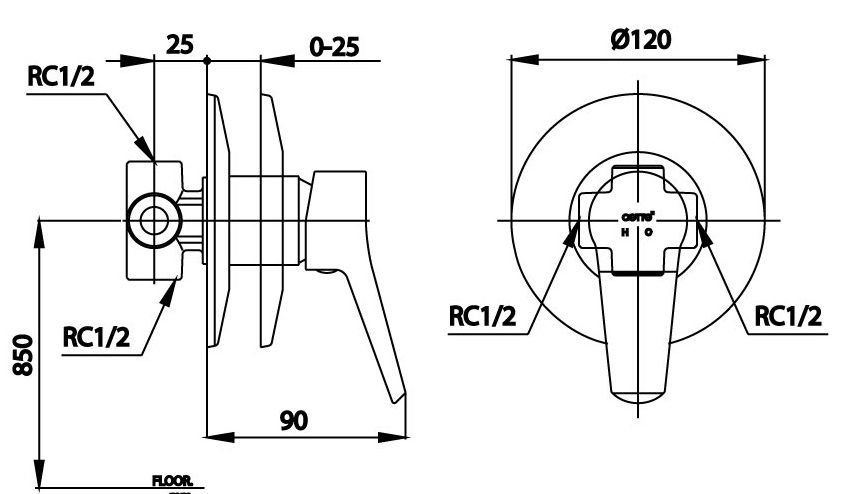 Bản vẽ kích thước van điều chỉnh âm tường ct 1233a Cotto nóng lạnh