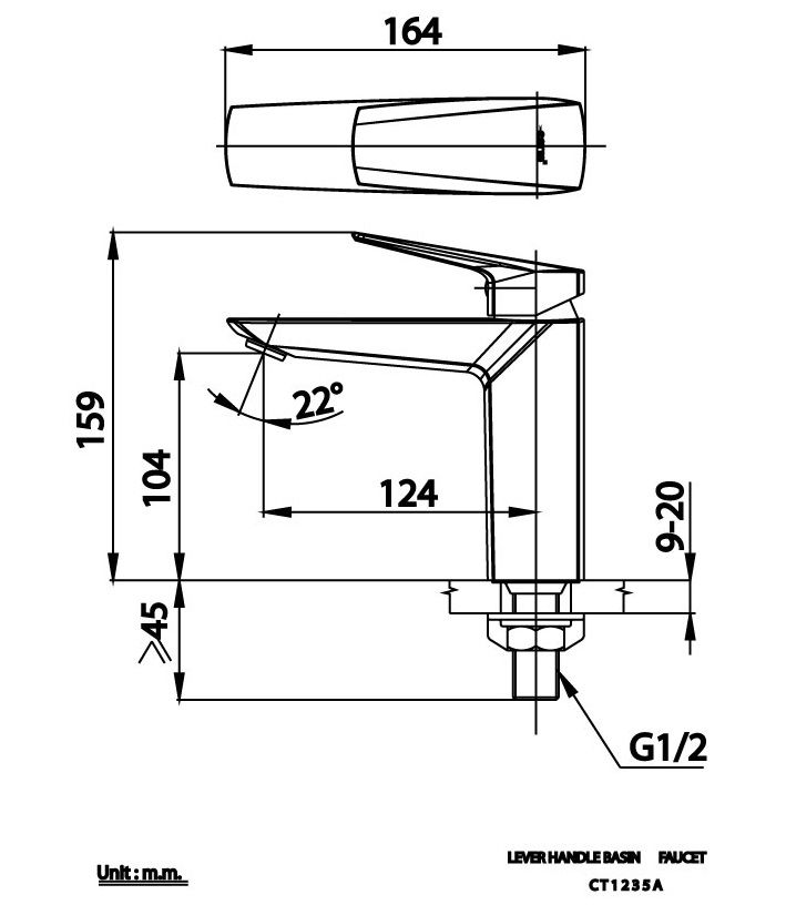 Bản vẽ kích thước vòi chậu rửa mặt CT 1235 A Cotto