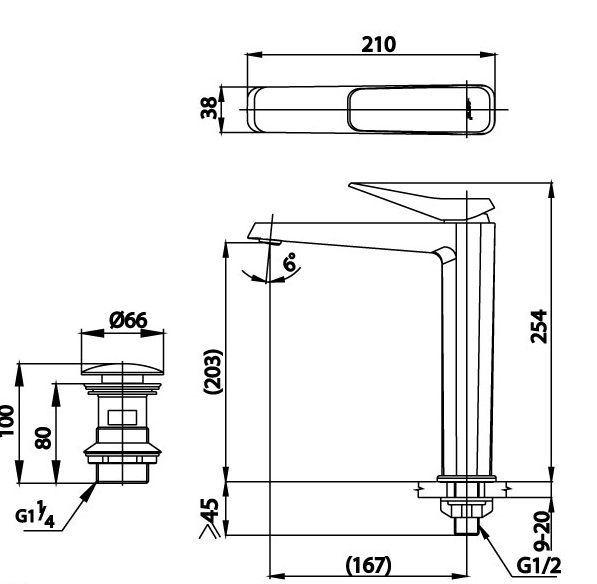 Bản vẽ kích thước vòi chậu rửa mặt màu đen Cotto ct 1242 aybl
