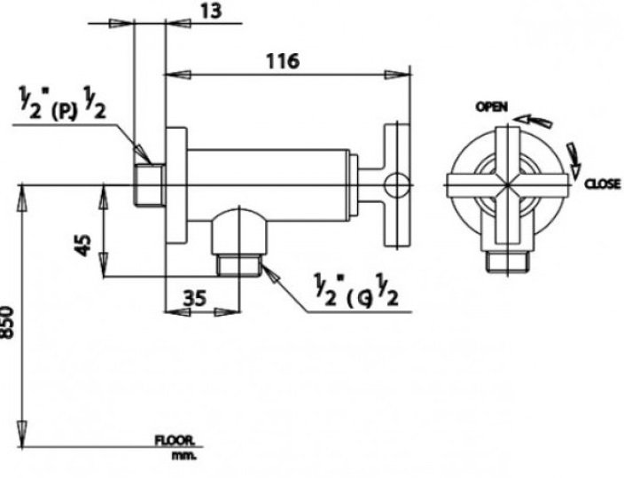 Bản vẽ kích thước vòi sen lạnh cotto ct 127 c16