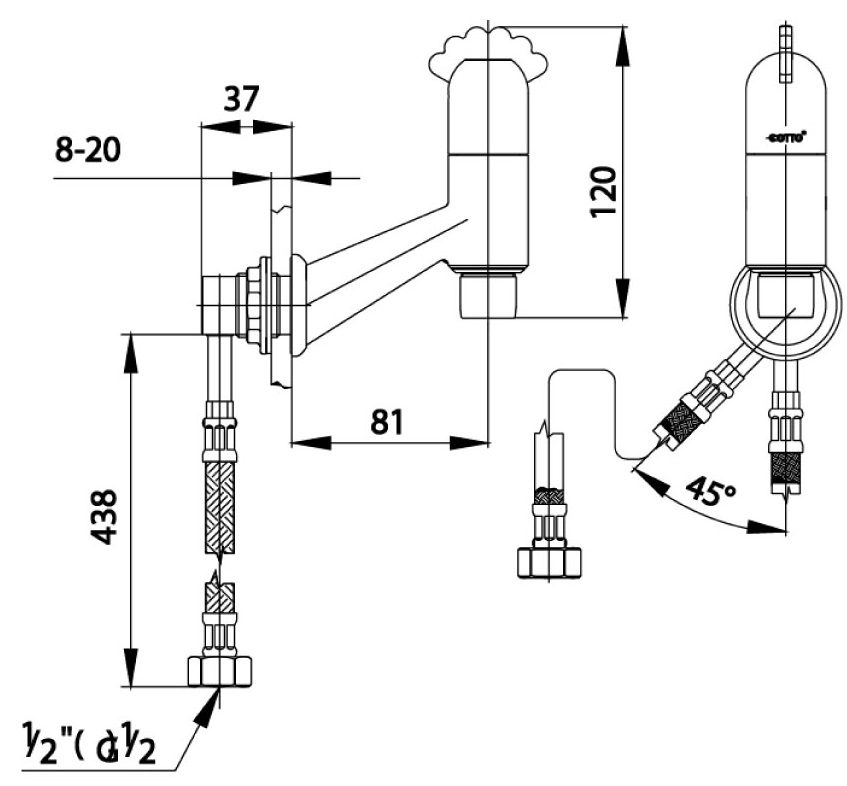 Bản vẽ kích thước vòi chậu nước lạnh COTTO ct 171 c23 