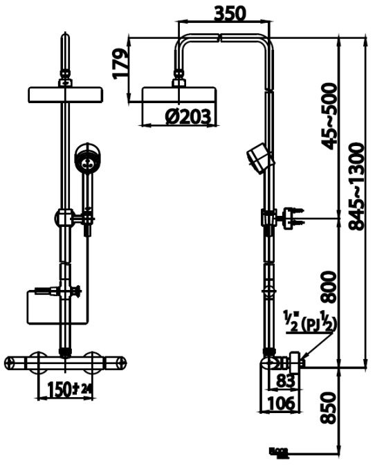 Bản vẽ kích thước sen cây CT2048WS Cotto