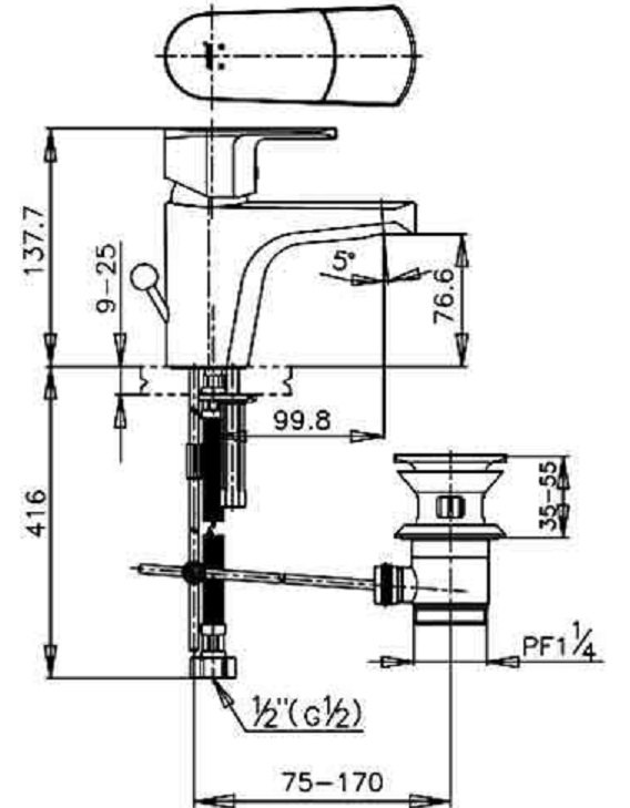 Bản vẽ kích thước vòi lavabo CT 2051A cotto nóng lạnh