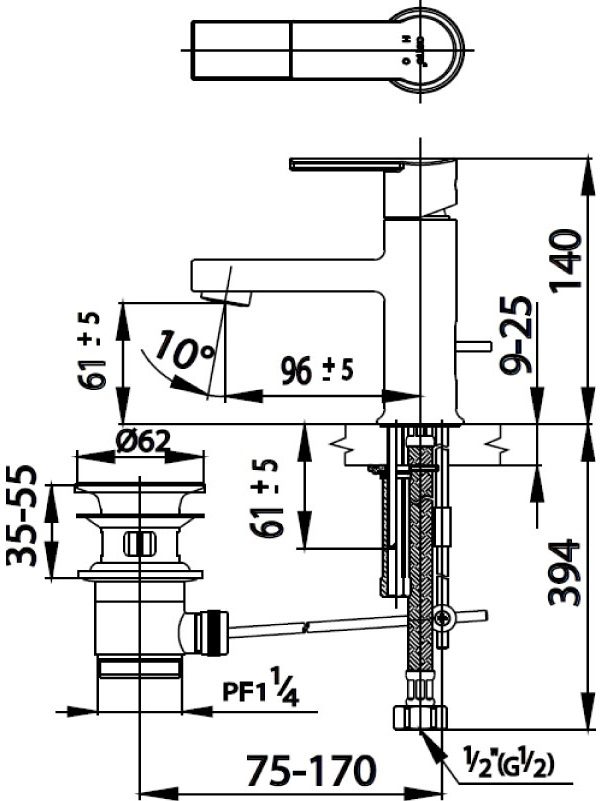 Bản vẽ kích thước vòi lavabo nóng lạnh ct 2094 a cotto
