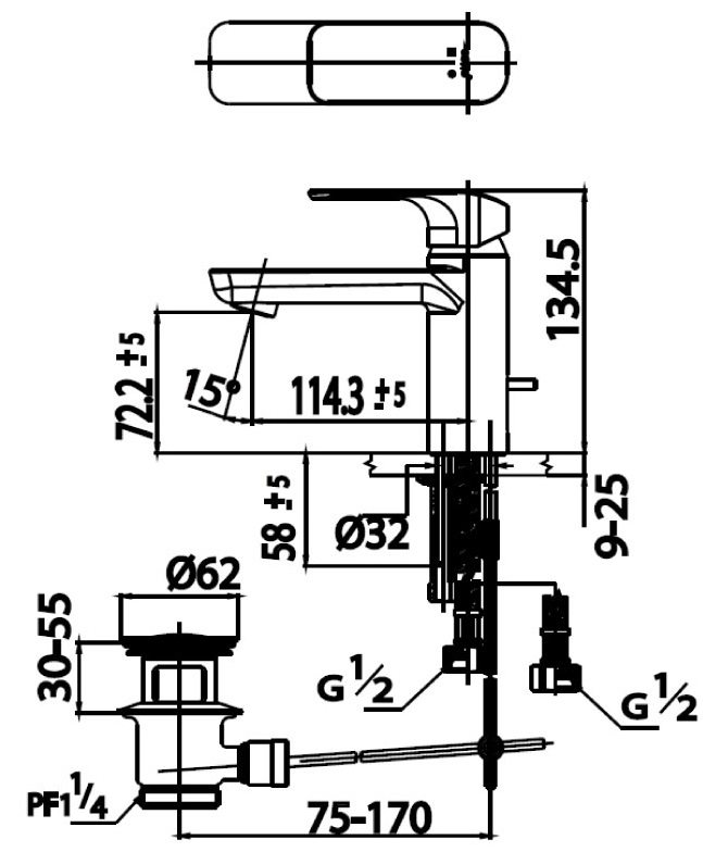 Bản vẽ kích thước vòi chậu rửa mặt ct 2123 a gr Cotto