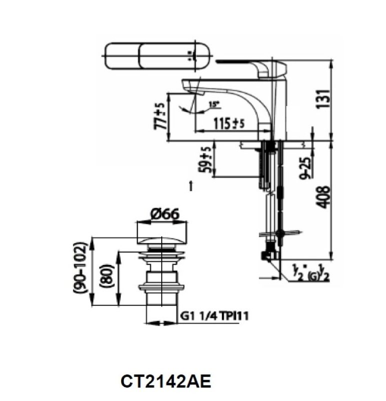 Bản vẽ kích thước vòi lạnh lavabo COTTO ct 2142 ae