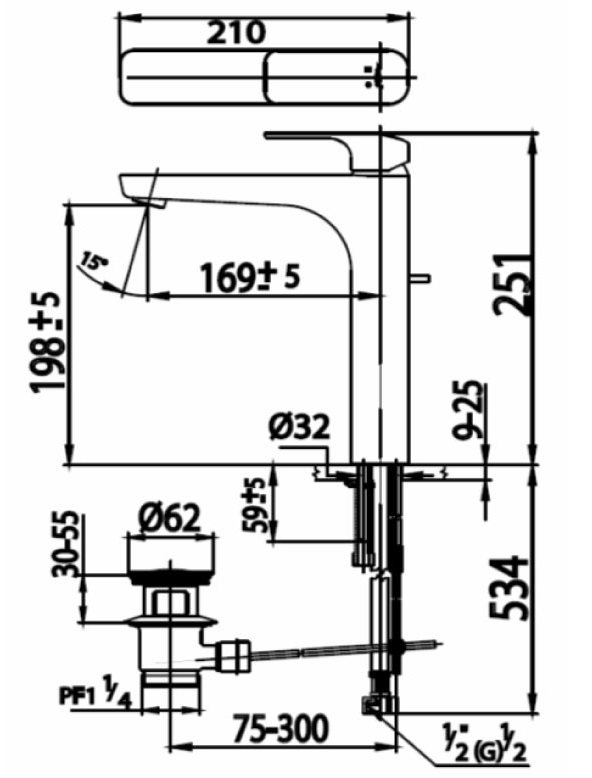 Bản vẽ kích thước vòi chậu rửa mặt cotto thân cao ct 2144 ay