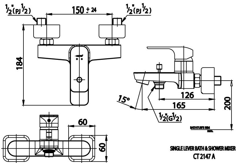 Bản vẽ kích thước củ sen tắm nóng lạnh COTTO ct 2147 a bl