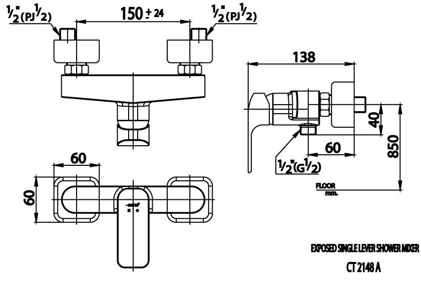 Bản vẽ kích thước củ sen tắm nóng lạnh COTTO ct 2148 a bl