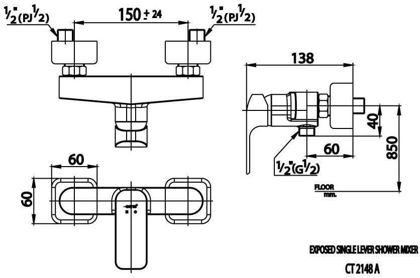 Bản vẽ kích thước củ sen tắm nóng lạnh cotto ct 2148 a 