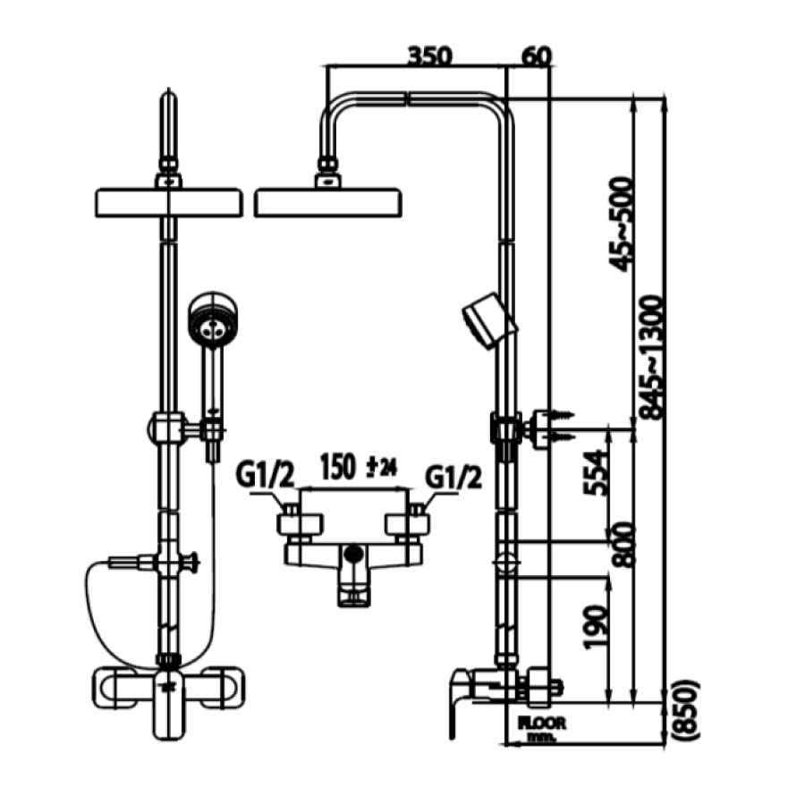 kích thước sen cây nóng lạnh CT 2149WSZ94 Cotto