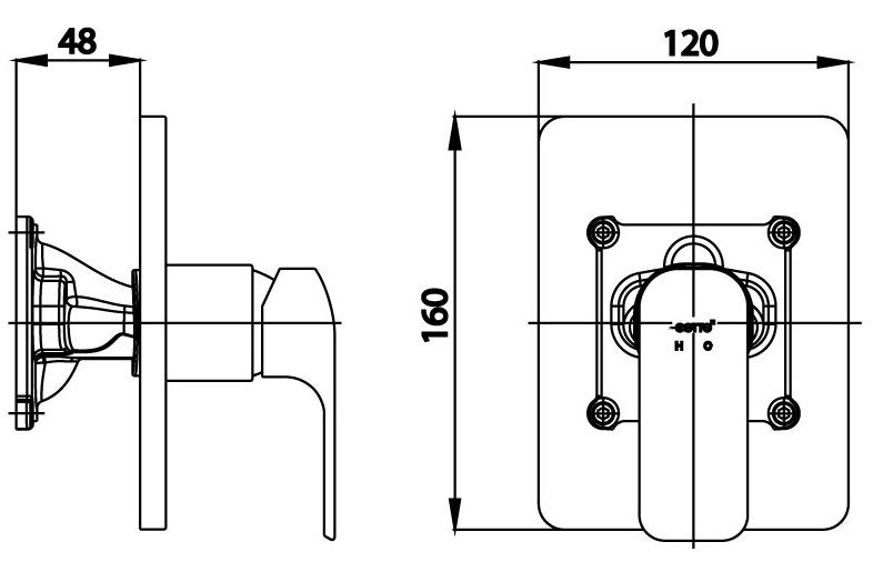 Bản vẽ kích thước van điều chỉnh âm tường ct 2151a Cotto