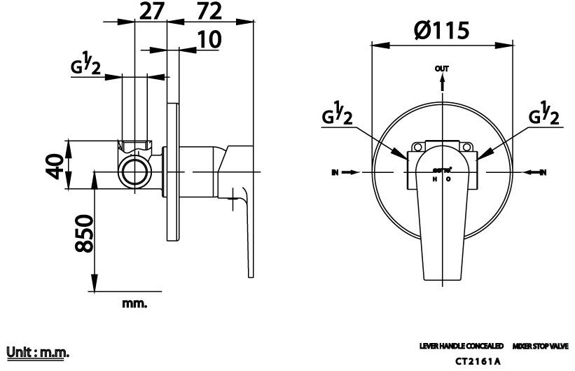 Bản vẽ kích thước van âm tường CT 2161A 1 đường nước