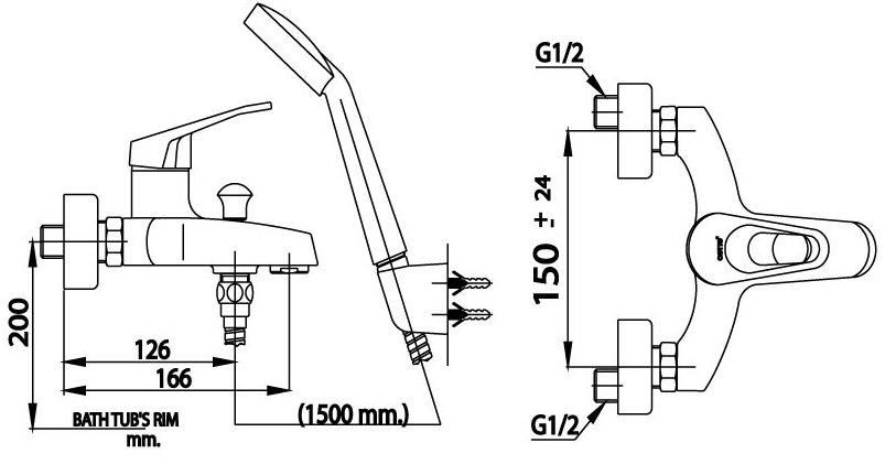 Bản vẽ kích thước vòi sen tắm cotto CT 2172E nóng lạnh