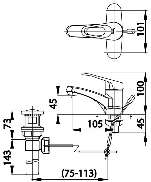 Bản vẽ kích thước vòi chậu nóng lạnh COTTO ct 2173 a 3 lỗ