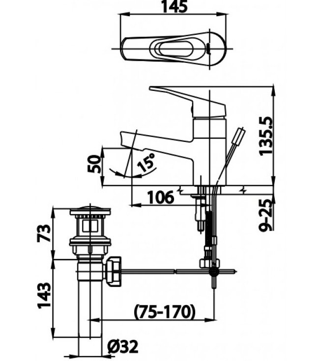 Bản vẽ kích thước vòi lavabo cotto CT2176AE nóng lạnh