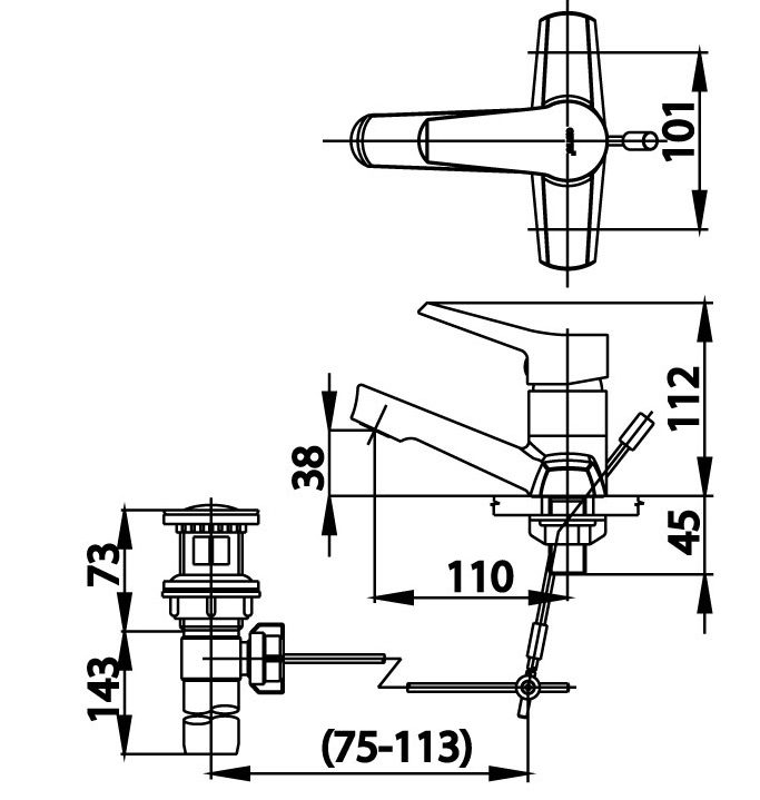Bản vẽ kích thước vòi chậu rửa mặt nóng lạnh CT 2179 AE