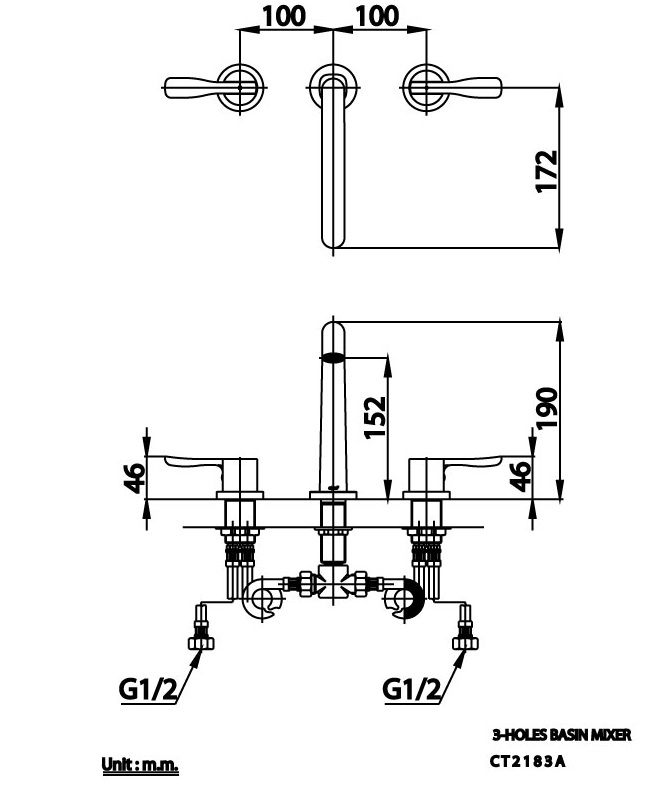 kích thước vòi chậu nóng lạnh  COTTO CT 2183 A 3 lỗ
