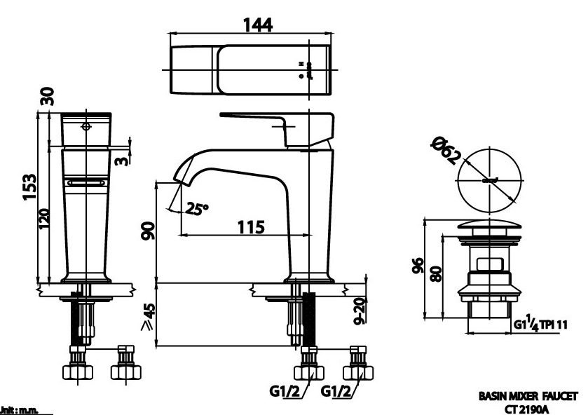 Bản vẽ kích thước vòi lavabo nóng lạnh ct 2190a grm COTTO