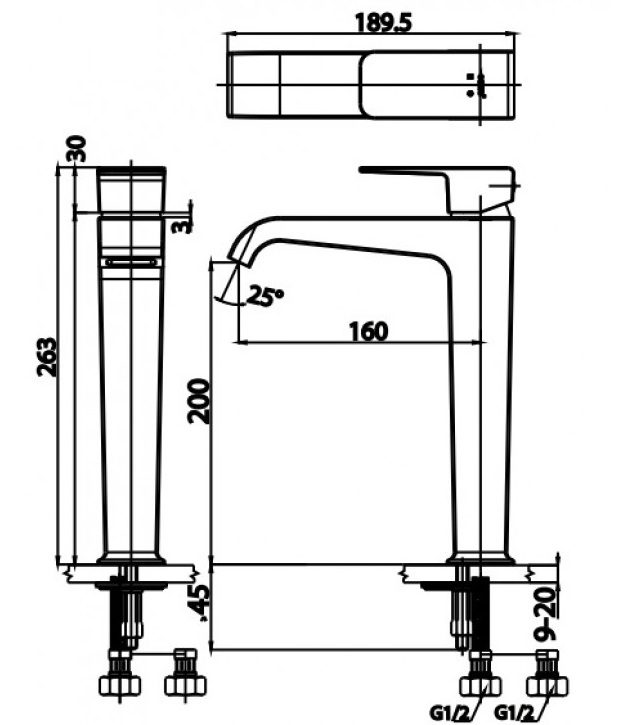 Bản vẽ kích thước vòi lavabo thân cao nóng lạnh CT 2191A