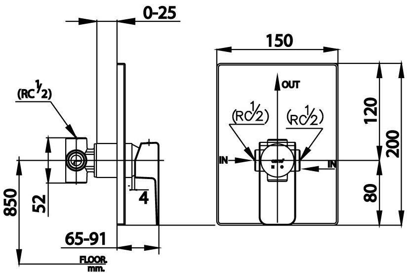 Bản vẽ kích thước van điều chỉnh âm tường ct 2193a Cotto