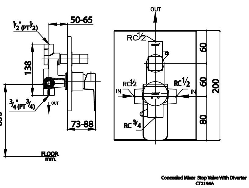 Bản vẽ kích thước van âm tường CT2194A Cotto nóng lạnh 