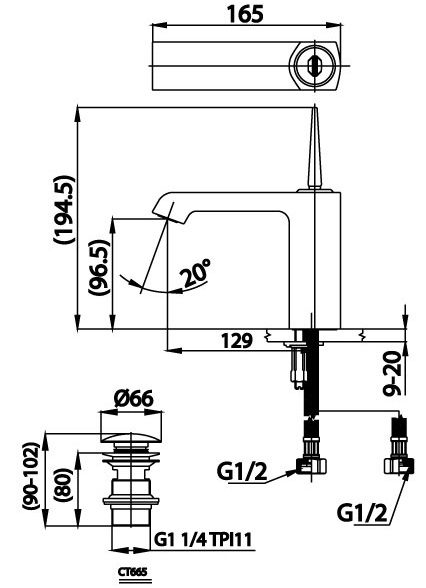 Bản vẽ kích thước vòi lavabo CT 2201 J Cotto